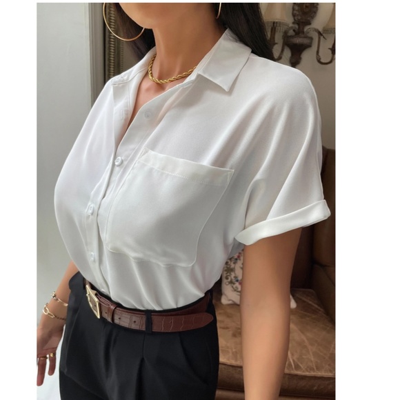White Casual Button Up / Down Shirt Collar V-Neck Button Front Short Sleeve - Picture 6 of 17
